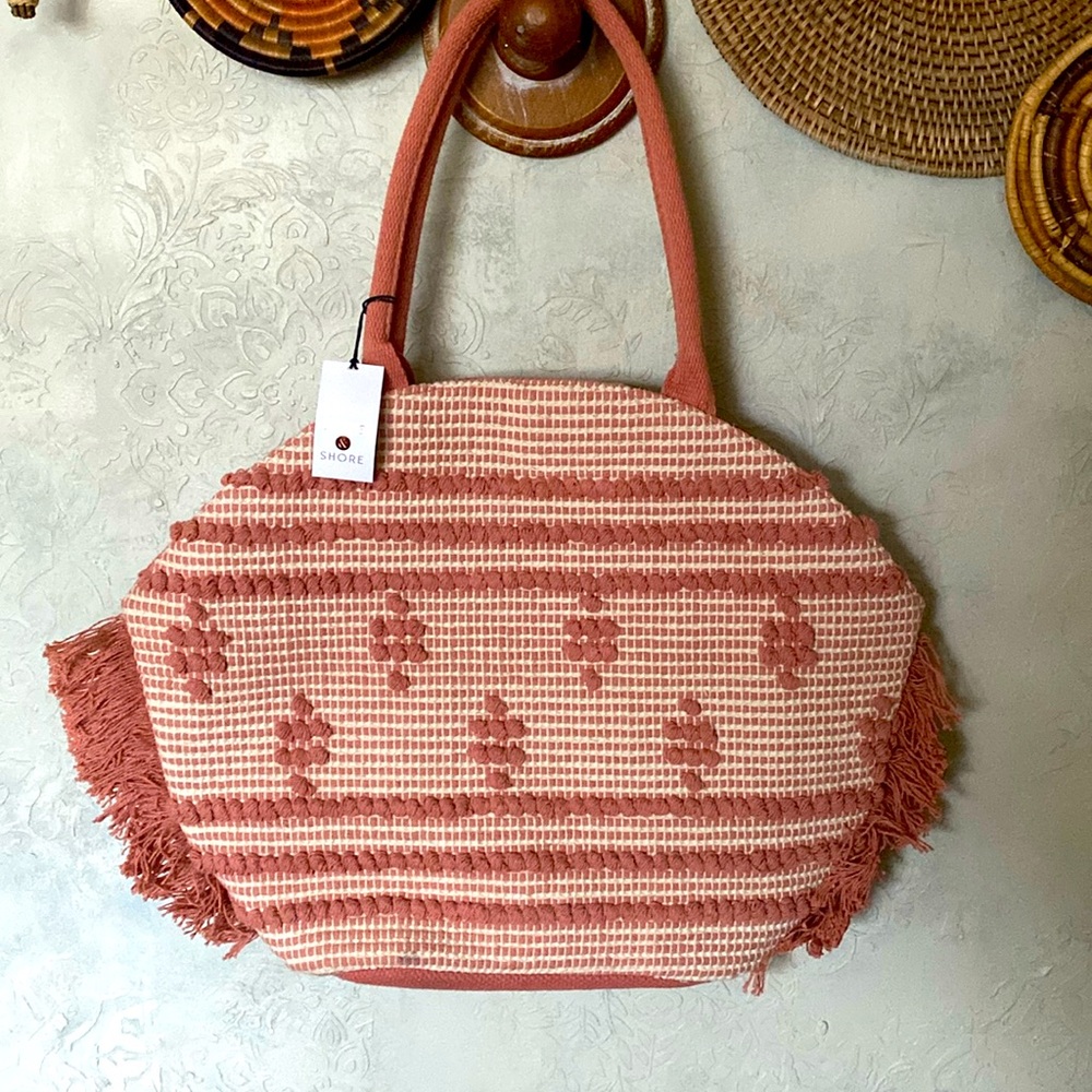 Shade and shore straw fringe cotton tote bag
